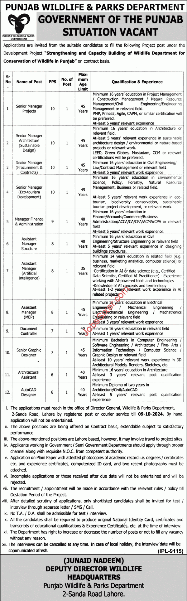 Punjab Wildlife and Parks Department Jobs 2024 