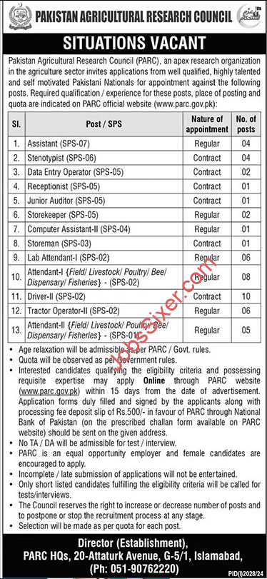 Pakistan Agriculture Research Council Islamabad PARC Jobs 2024 