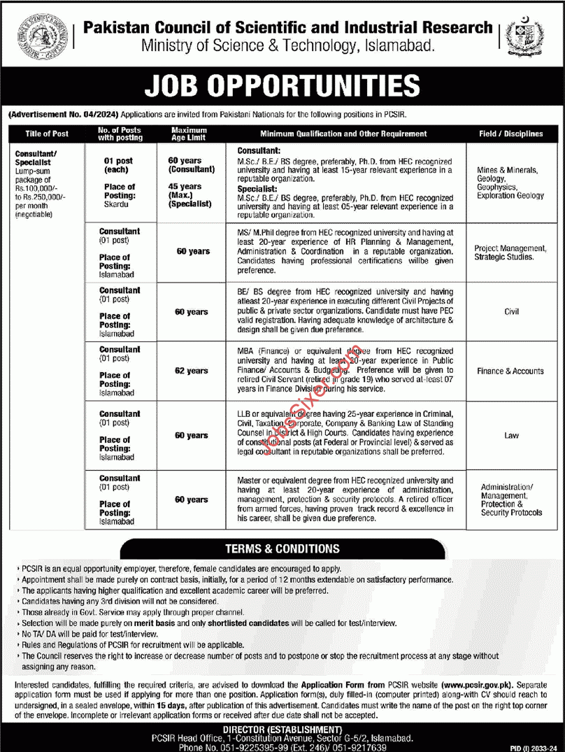 PCSIR Islamabad Jobs 2024 