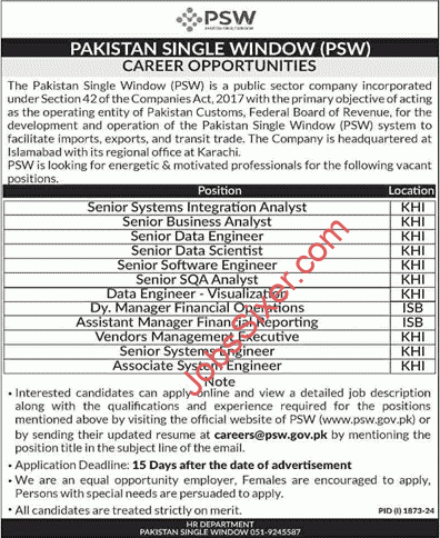 Pakistan Single Window Jobs 2024 