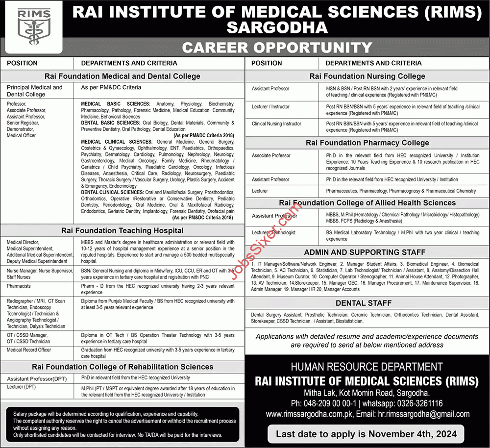 Rai Institute of Medical Sciences Sargodha Jobs 2024