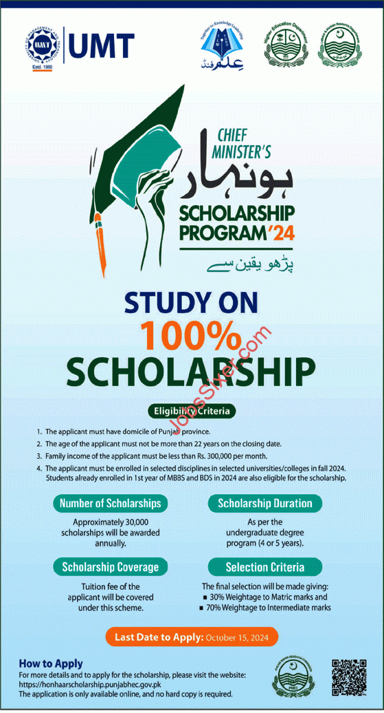  Chief Minister Punjab Honhaar Scholarship Program 2024 